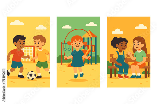 Children's activities flat icon set. featuring soccer, jump rope, playground, friendship, and outdoor fun symbols