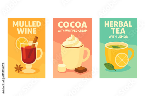 Hot drinks flat icon set. featuring mulled wine, cocoa, and herbal tea symbols