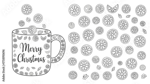 Merry christmas mug with citrus slices and berries illustration