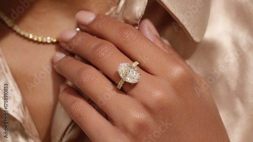 A dazzling close-up shot of an elegant diamond ring on a woman's hand, sparkling beautifully. The ring is set on a gold band and complements a necklace