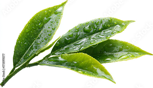 green tea leaves with water drops, isolated on a transparent