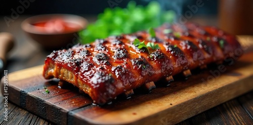 Delicious Grilled BBQ Ribs on Rustic Wood Smoky, Glistening Meat Perfect for Cookbooks, Food Blogs, and Restaurant Menus
