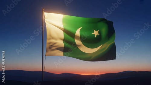 Beautiful Pakistan flag waving proudly against a stunning sunset sky, symbolizing patriotism, national pride, and cultural identity for global audiences