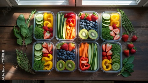 Freshly prepared meal prep containers filled with vibrant colorful vegetables and fruits for healthy eating and balanced nutrition on wooden table