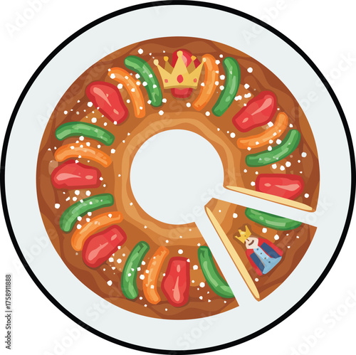Traditional Rosca de Reyes King Cake for the Epiphany holiday, a festive sweet bread with a hidden figurine and candied fruit celebrating Dia de Reyes.