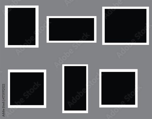 Layout of six blank photo frames with thick white borders on a solid gray background