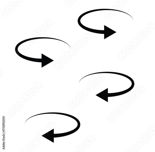Set of four circular or orbiting black arrows symbolizing rotation or movement