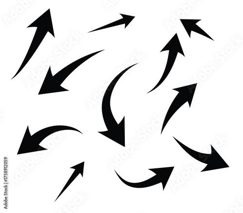 Scattered collection of dynamic black arrows with curved and swooping tails