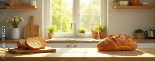 Sunlit Country Kitchen Freshly Baked Bread and Cozy Atmosphere, Perfect for Home-Related Content