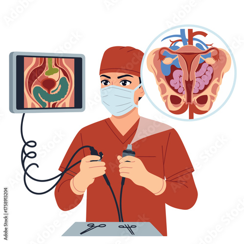 Skilled surgeon performs minimally invasive procedure using advanced laparoscopic technology and internal anatomy visualization