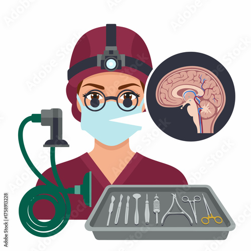 Dedicated surgeon prepares for intricate brain surgery with specialized tools and detailed anatomical reference