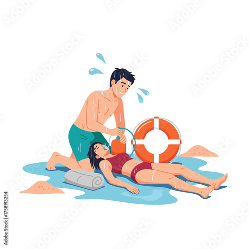 Lifeguard administering oxygen to unconscious woman on beach, life preserver nearby, illustrating summer safety and emergency response on the coast