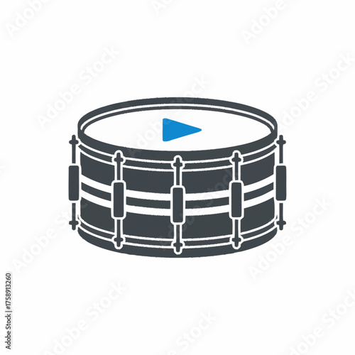 Music-themed drum icon with play button, digital vector illustration