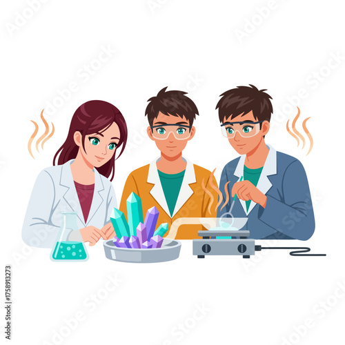 Excited scientists conducting crystal growth experiment with lab coats and safety glasses in a lab environment for chemistry and science education