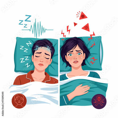 Distressed woman awake in bed with anxiety and stress symbols while partner sleeps peacefully, illustrating mental health struggles.