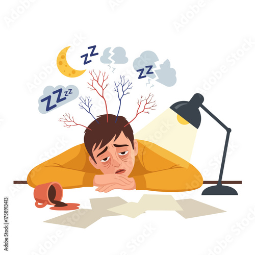 Exhausted student overwhelmed by late night study session, spilling coffee and dreaming of sleep