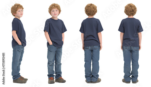 three boys standing in different poses, transparent background, white background, 3d rendering of children's and jeans, front view.