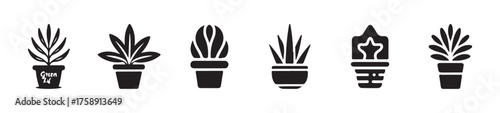 Pot icon set, garden plant in pot icon, indoor ornamental plant, various indoor houseplants botanical design projects, vector illustration eps 10.