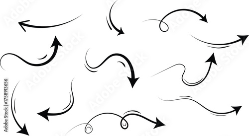 Vector set of curved arrows and doodle arrow sketches hand drawn elements for creative projects