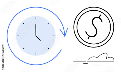 Clock with arrow symbolizing time, dollar sign in a circle, and minimal line cloud. Ideal for time management, financial planning, cost efficiency, productivity, saving money, budgeting simple flat