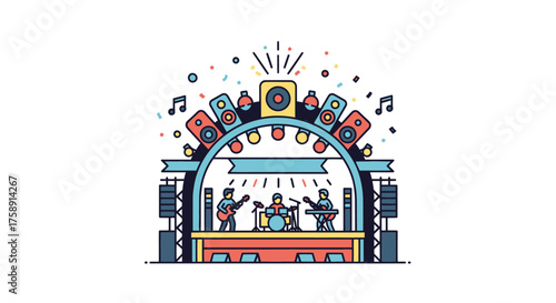 Colorful Music Stage with Band and Speakers.