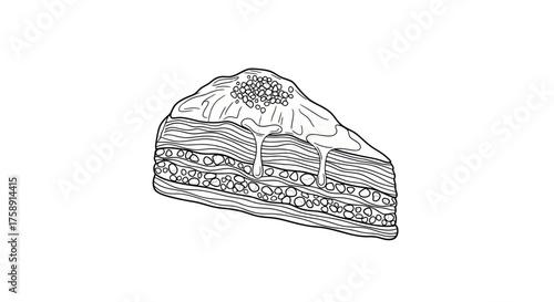 Detailed Black and White Illustration of Baklava Pastry Slice.