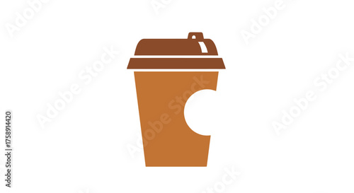 Brown disposable coffee cup with lid and cutout.