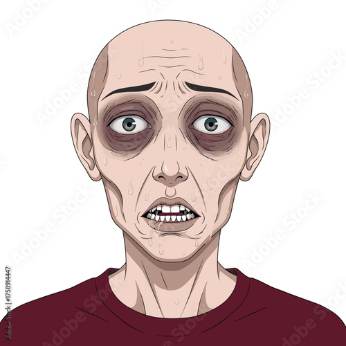 Stressed man with wide eyes, sweat dripping, and dark circles shows intense anxiety and exhaustion, perfect for mental health themes.