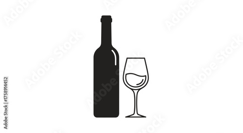 Silhouette of a wine bottle and a glass filled with liquid.