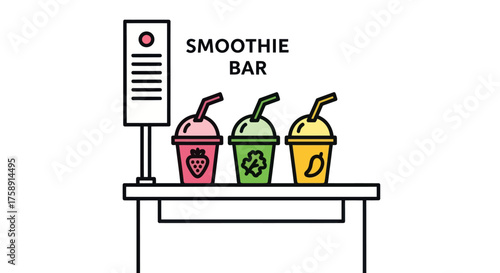 Colorful Smoothie Bar Displaying Three Different Flavors with Straws.