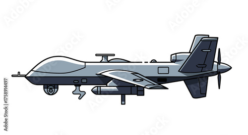 Military Drone Aircraft with Propeller and Missiles.
