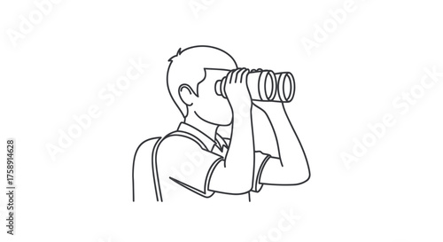 Man Looking Through Binoculars Line Art Illustration.