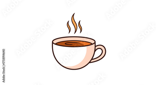 A steaming cup of hot coffee with visible steam rising.