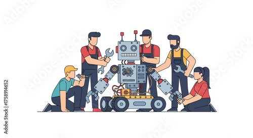 Team of Technicians Repairing a Modern Mechanical Robot.