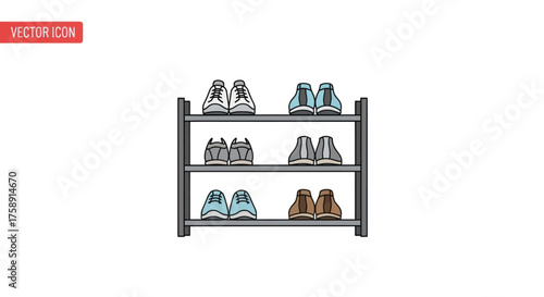 Three-tier shoe rack with various pairs of colorful footwear.