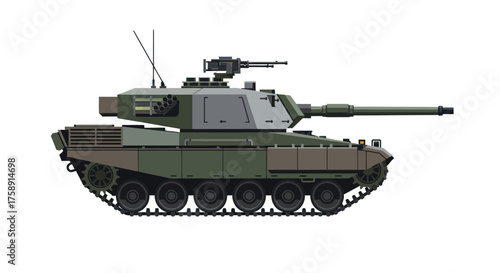 Modern Military Main Battle Tank with Camouflage Scheme and Turret-Mounted Machine Gun.