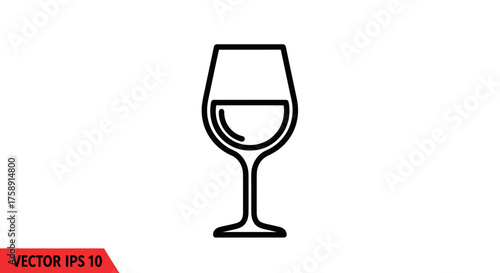 Simple Wine Glass Icon with Liquid Black Outline.