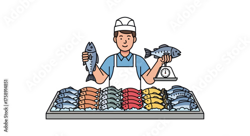 Cheerful Fishmonger Displaying Fresh Fish and Weighing One.