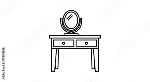Simple Line Art Drawing of a Classic Dressing Table with Oval Mirror.