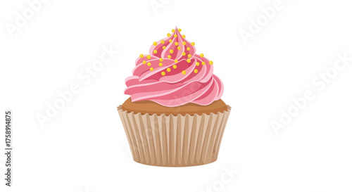 Delicious cupcake with pink frosting and colorful sprinkles.