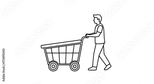 Man Pushing Empty Shopping Cart Illustration Side View Black and White Outline.
