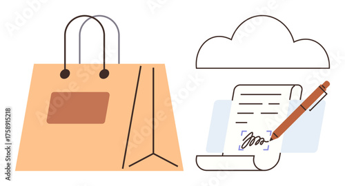 Shopping bag symbolizes online purchasing alongside cloud and digital signature on document conveying e-commerce, secure transactions, and digital storage. Ideal for business, e-commerce, payment