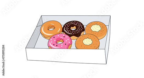 A box of assorted delicious donuts with various toppings and glazes.