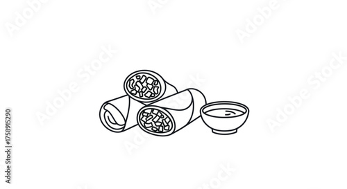 Crispy Asian spring rolls with dipping sauce a simple black and white line art illustration.
