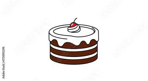 Illustrated Chocolate Cake with White Frosting and Red Cherry Topping.