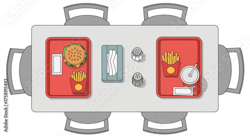 Top-down illustration of a fast-food restaurant table with burgers fries and drinks on red trays.