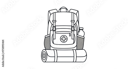 Black and white line art illustration of a hiking backpack with a first-aid kit and sleeping bag.