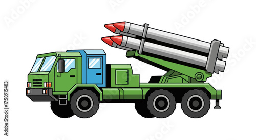 Military Rocket Launcher Truck with Two Missiles Ready for Launch.