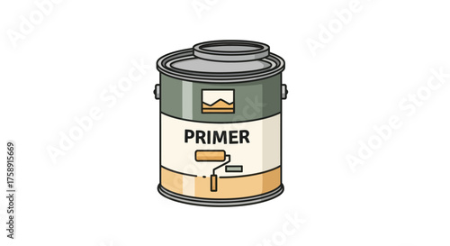 Open Primer Paint Can with Lid and Roller Icon Illustration.