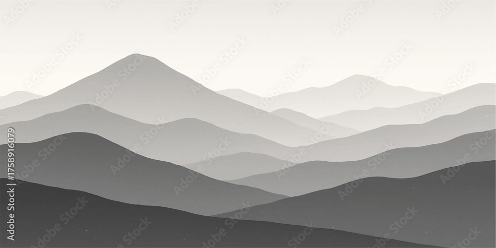 Naklejka premium Mountain landscape with misty blue peaks at sunrise, showcasing a vast nature view with clouds and fog in the valley